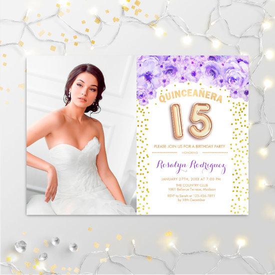 Quinceanera With Photo Gold Purple Floral