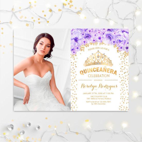 Quinceanera With Photo - Gold Purple White