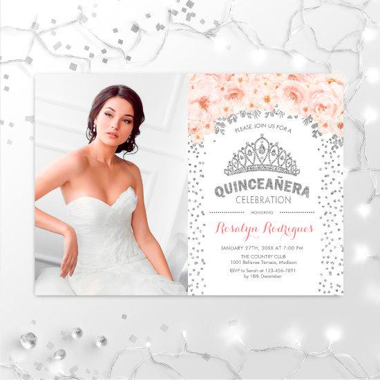 Quinceanera With Photo - Silver Pink Floral