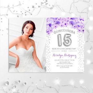 Quinceanera With Photo Silver Purple Floral