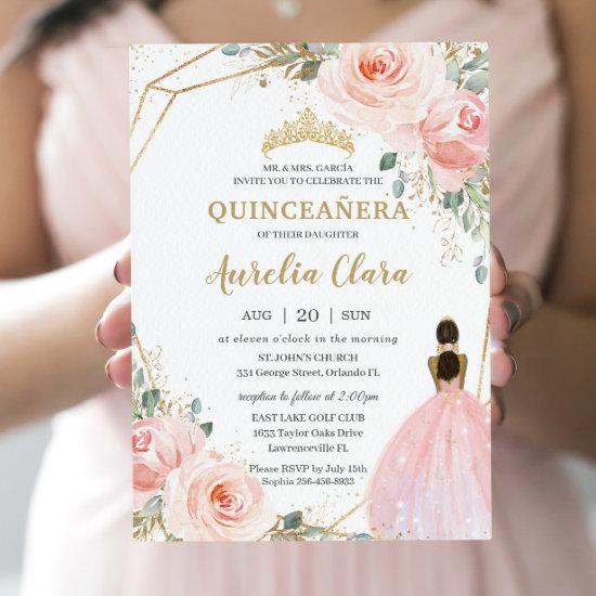 Quinceañera XV Blush Pink Floral Brown Princess