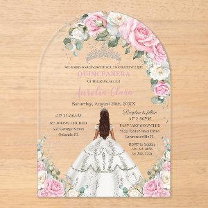 Quinceañera XV Pink White Floral Princess Silver Acrylic