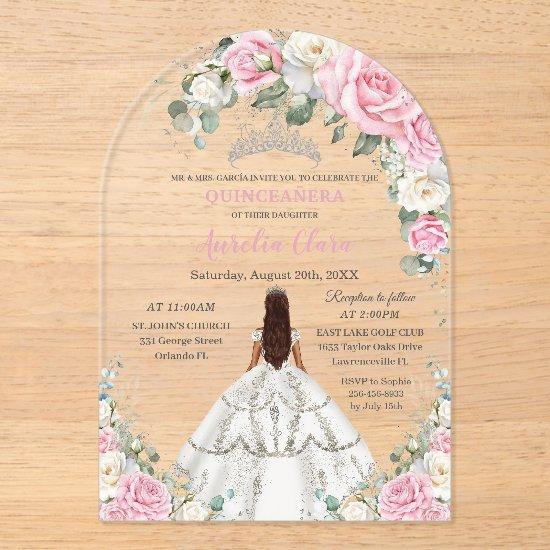 Quinceañera XV Pink White Floral Princess Silver Acrylic