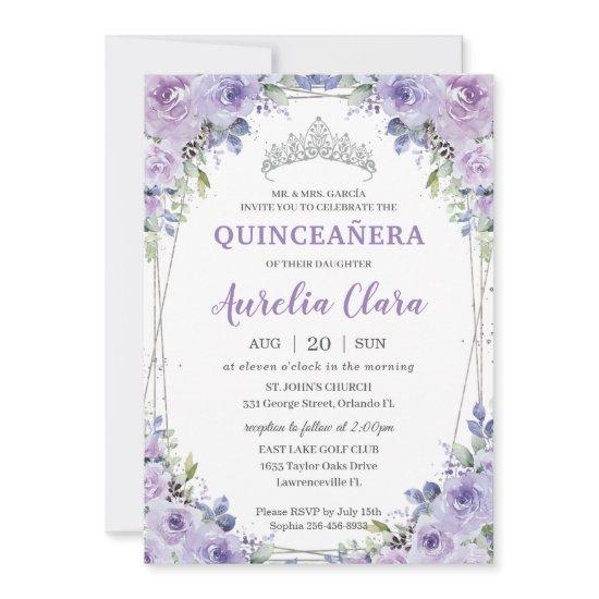 Quinceañera XV Purple Lilac Floral Silver Crown