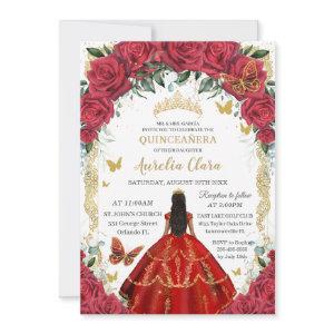 Quinceañera XV Red Floral Vintage Gold Black Hair