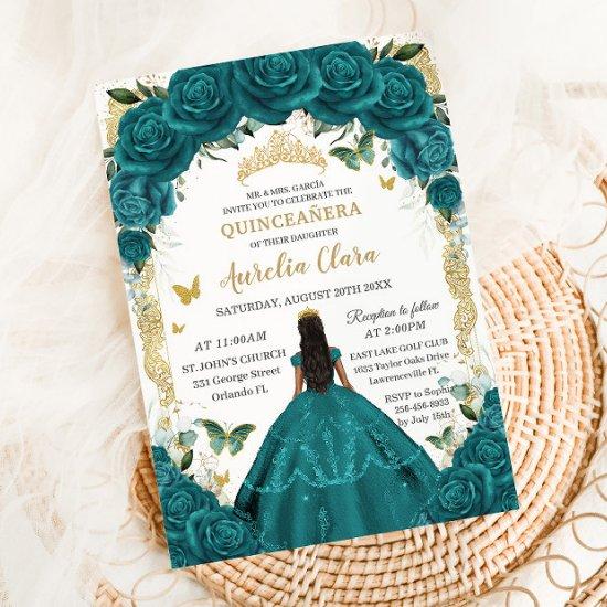 Quinceañera XV Teal Green Floral Princess Dress
