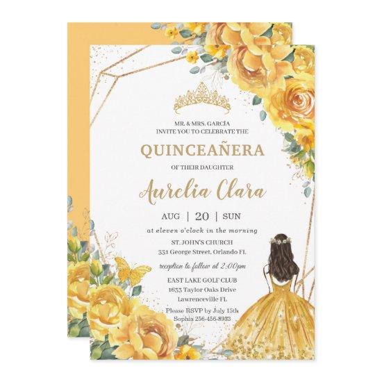 Quinceañera Yellow Floral Gold Princess 15 Anos In