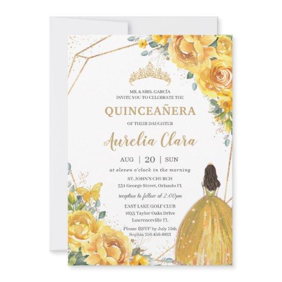 Quinceañera Yellow Floral Princess Crown Birthday