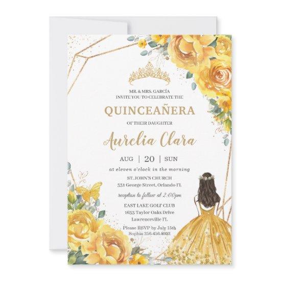 Quinceañera Yellow Floral Roses Princess Birthday