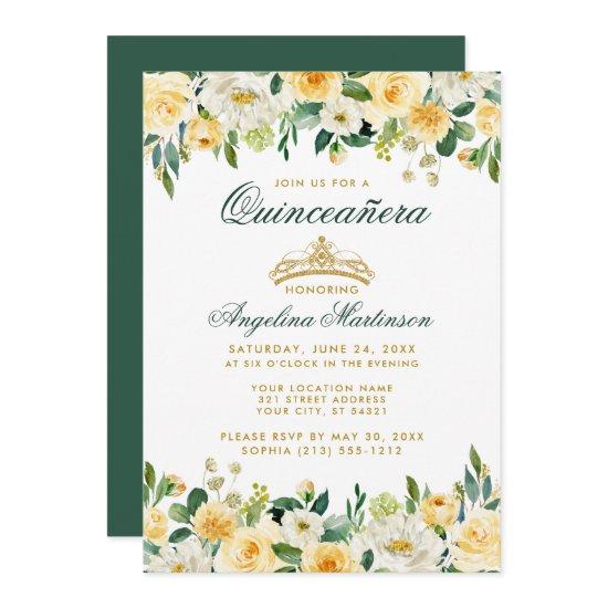 Quinceanera Yellow Green Floral Gold Crown Invite