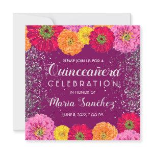 Quinceañera Zinnia Floral Glitter Purple Party