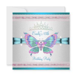 Quincenera 15th White Teal Blue Pink Butterfly