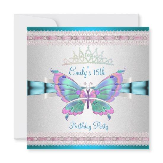 Quincenera 15th White Teal Blue Pink Butterfly