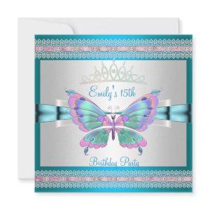 Quincenera 15th White Teal Blue Pink Butterfly