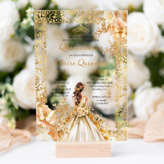 Radiant Bloom Floral Princess Gold Quinceanera  Acrylic