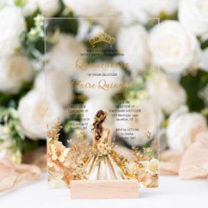 Radiant Floral Princess Tiara Gold Quinceanera  Acrylic