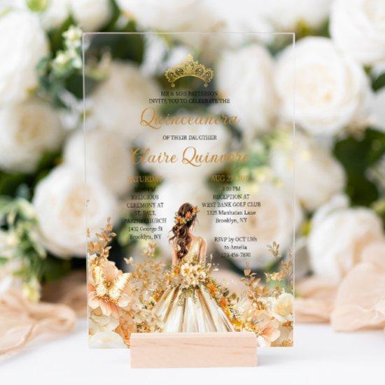 Radiant Floral Princess Tiara Gold Quinceanera  Acrylic