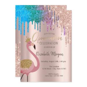 Rainbow Glitter Drips Pink Flamingos Quinceañera I