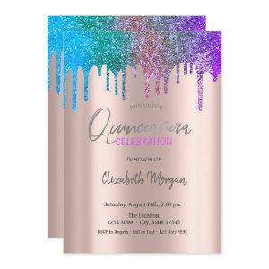 Rainbow Glitter Drips Rose Gold  Quinceañera