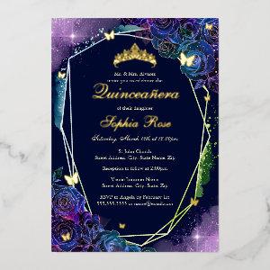 Rainbow Gold Butterfly Floral Quinceanera Foil