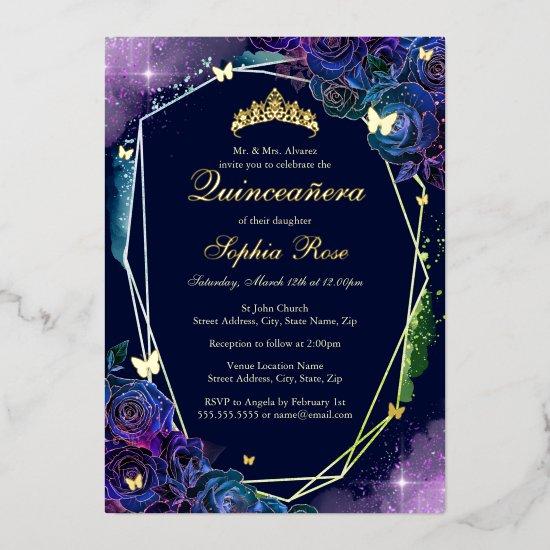 Rainbow Gold Butterfly Floral Quinceanera Foil