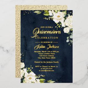 REAL GOLD FOIL Floral Quinceanera Gold Navy   Foil
