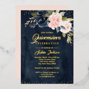 REAL GOLD FOIL Navy Blush Pink Floral Quinceanera Foil
