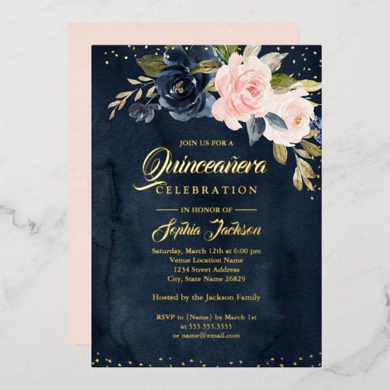REAL GOLD FOIL Navy Blush Pink Floral Quinceanera Foil