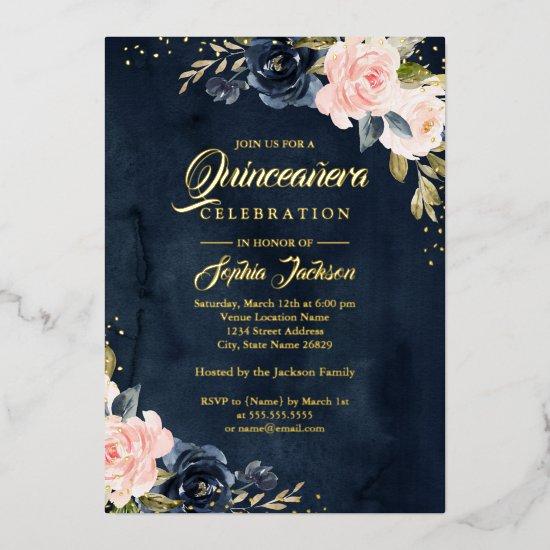 REAL GOLD FOIL Navy Pink Floral Quinceanera Foil