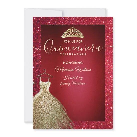 Red adorable Gold sequins dress tiara Quinceañera