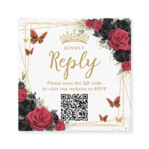 Red and Black Butterflies Quinceanera RSVP QR Code Enclosure Card