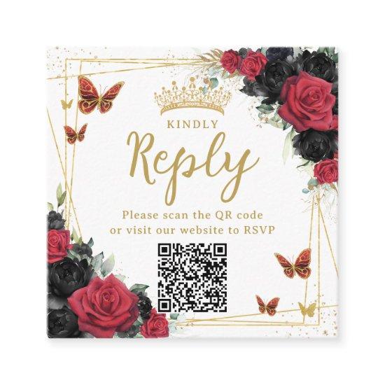 Red and Black Butterflies Quinceanera RSVP QR Code Enclosure Card