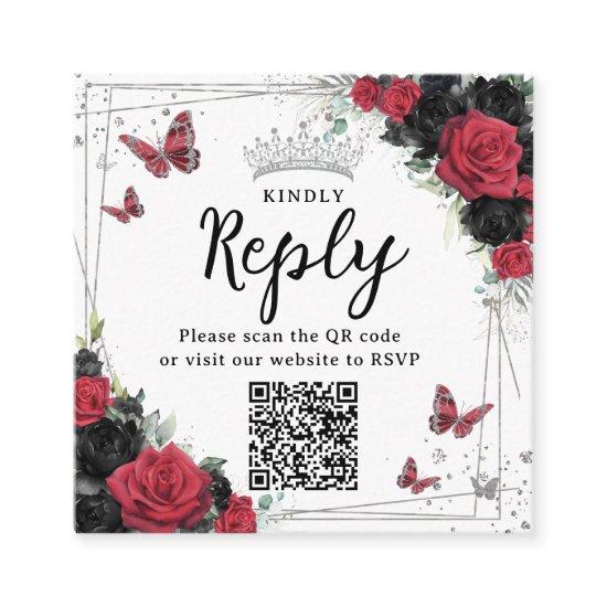 Red and Black Butterflies Quinceanera RSVP QR Code Enclosure Card