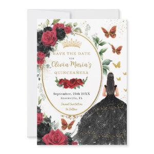 Red and Black Roses Floral Quinceañera  Save The Date