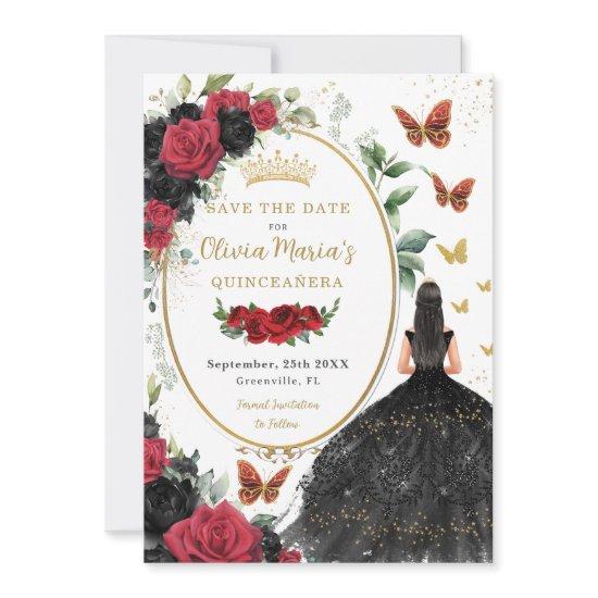 Red and Black Roses Floral Quinceañera  Save The Date