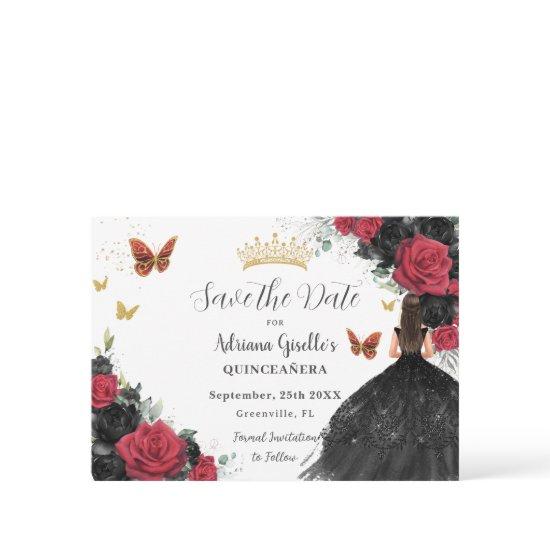 Red and Black Roses Princess Gold Quinceañera Save The Date