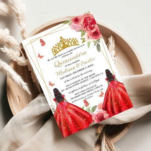 Red and Gold Floral Butterfly Twin Quinceanera