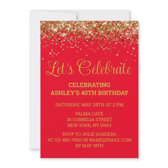 Red and Gold Glitter 40th Birthday Let's Celebrate