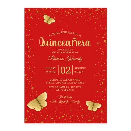 Red And Gold Glitter Butterfly Quinceanera