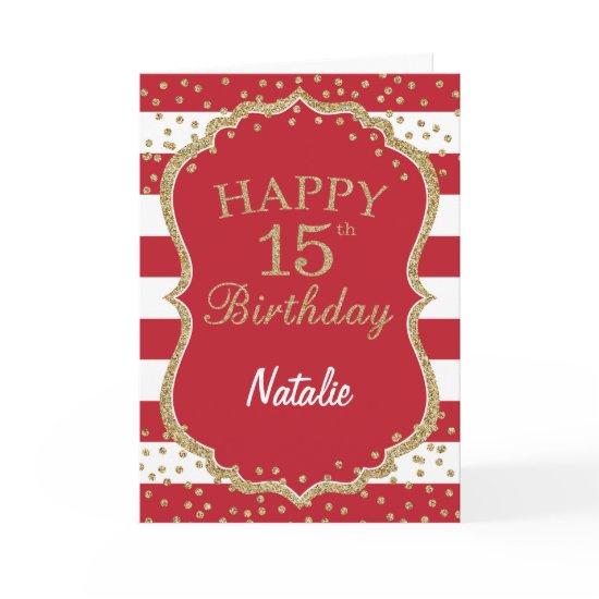 Red and Gold Glitter Confetti 15th Birthday Card