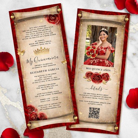 Red and Gold Quinceanera Scroll  Card