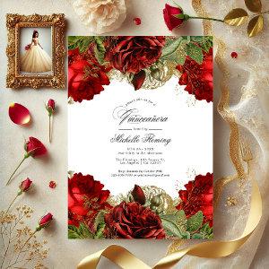 Red and Gold Vintage Roses Quinceañera Photo