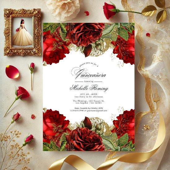 Red and Gold Vintage Roses Quinceañera Photo