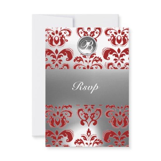 RED  AND WHITE DAMASK GEM STONE MONOGRAM ANNOUNCEMENT