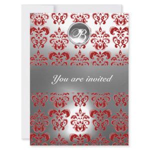 RED AND WHITE DAMASK GEM STONE MONOGRAM