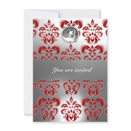 RED  AND WHITE DAMASK GEM STONE MONOGRAM