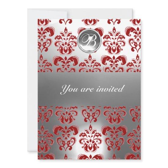 RED AND WHITE DAMASK GEM STONE MONOGRAM