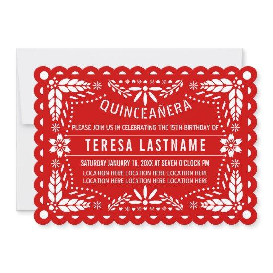 Red and white papel picado Quinceañera