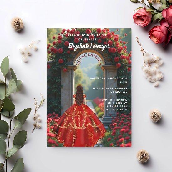 Red arch dress roses Quinceanera