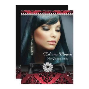 Red Black Diamond Bow Damask Quinceanera
